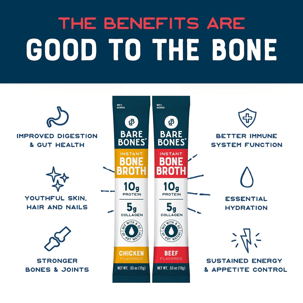 Bare Bones Bone Broth Instant Powdered Beverage Mix, Chicken & Beef, Variety Pack of 32, 16 Chicken & 16 Beef - 15g Sticks, 10g Protein, Keto & Paleo Friendly