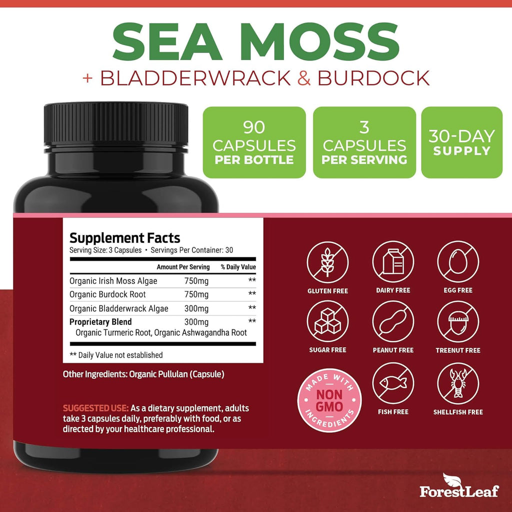 ForestLeaf Organic Irish Sea Moss Capsules | 2100mg Raw Seamoss Pills Advanced Supplement Superfood + Burdock, Bladderwrack for Digestive, Respiratory, Immune Health | 90 Vegan Organic Sea Moss Caps