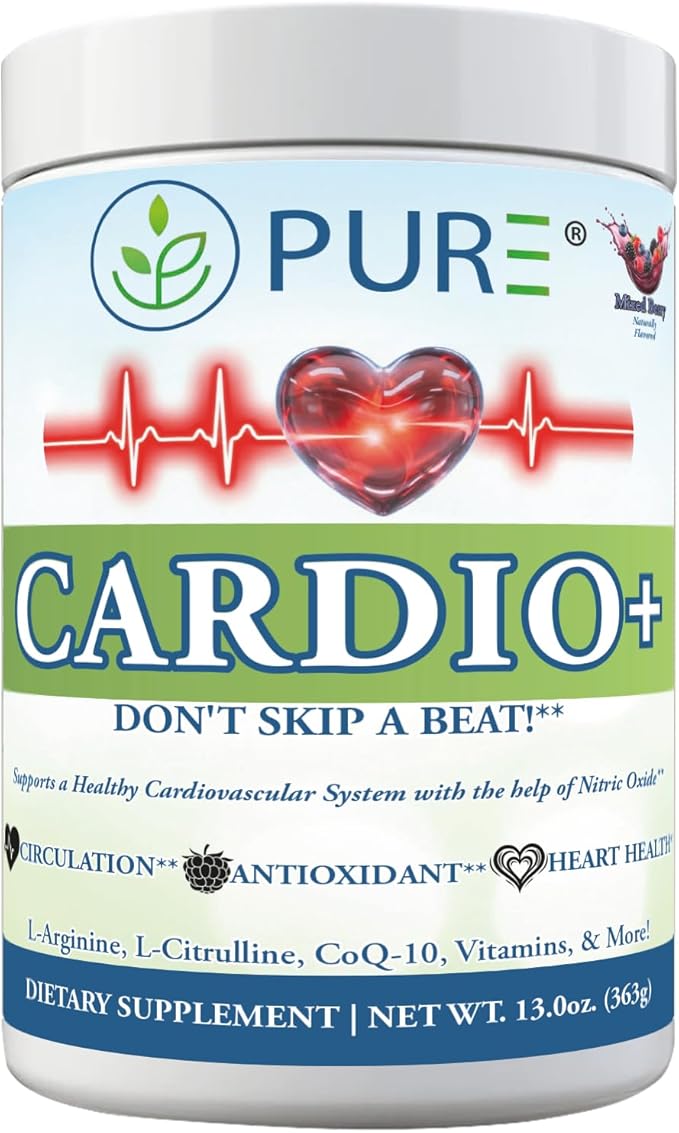 PURE Cardio+ Drink Mix, Mixed Berry, L-Arginine 5000mg, L-Citrulline 1000mg, Vitamins B12, C, D3, Beet Root, 30 Servings, 369 Grams (Pack of 1), Premium Wellness Support, Nitric Oxide, Cardio