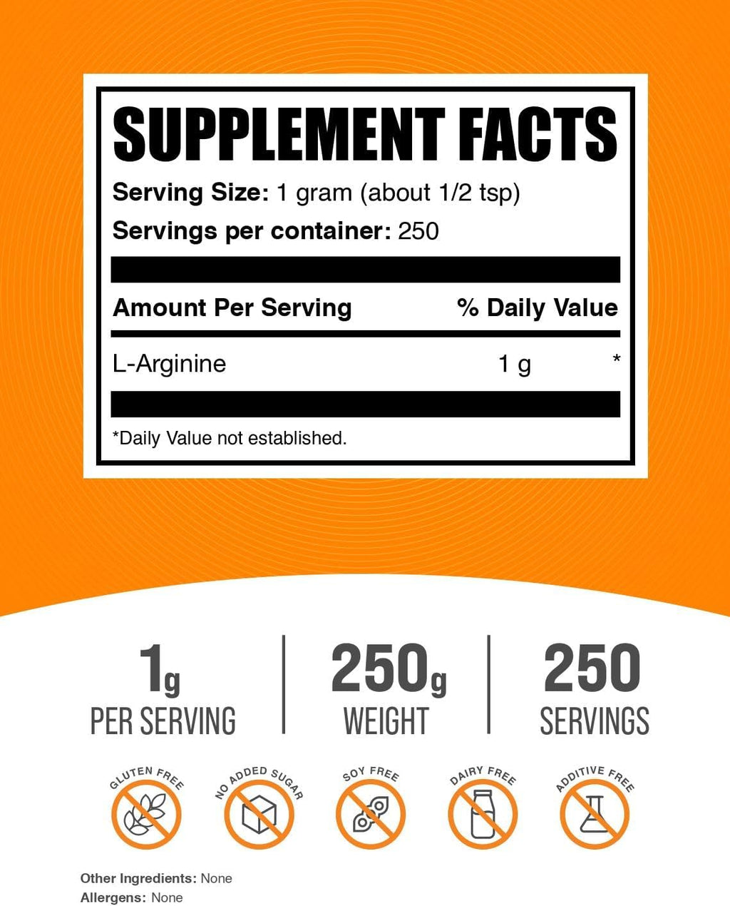 BulkSupplements.com L-Arginine Powder - Arginine Supplement, Nitric Oxide Supplement - Unflavored & Gluten Free, 1g per Serving, 250g (8.8 oz) (Pack of 1)