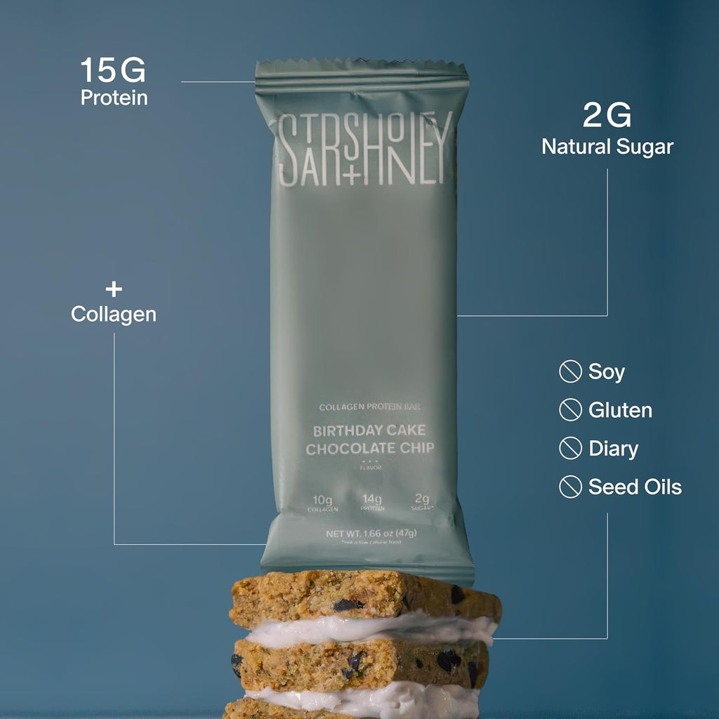 Stars + Honey Protein Bars - Birthday Cake Chocolate Chip, 15g Protein, 2g Sugar, w/Collagen Keto Friendly Snack - Gluten, Dairy, Seed Oil, & Soy Free - High-Protein Snacks for Energy - 10 pack