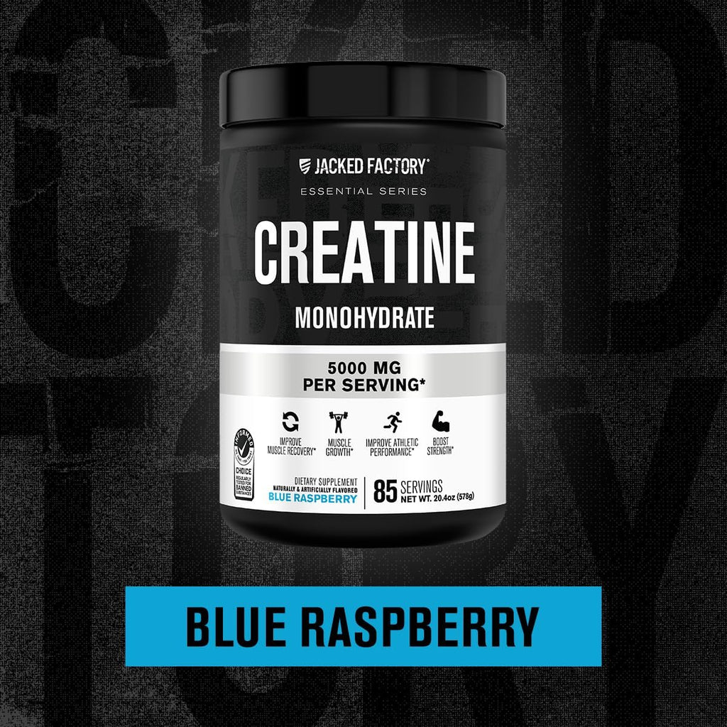 Jacked Factory Creatine Monohydrate Powder 425g - 5g Daily Creatine Supplement for Men and Women, Vegan-Friendly, Third-Party Tested - 85 Servings, Blue Raspberry