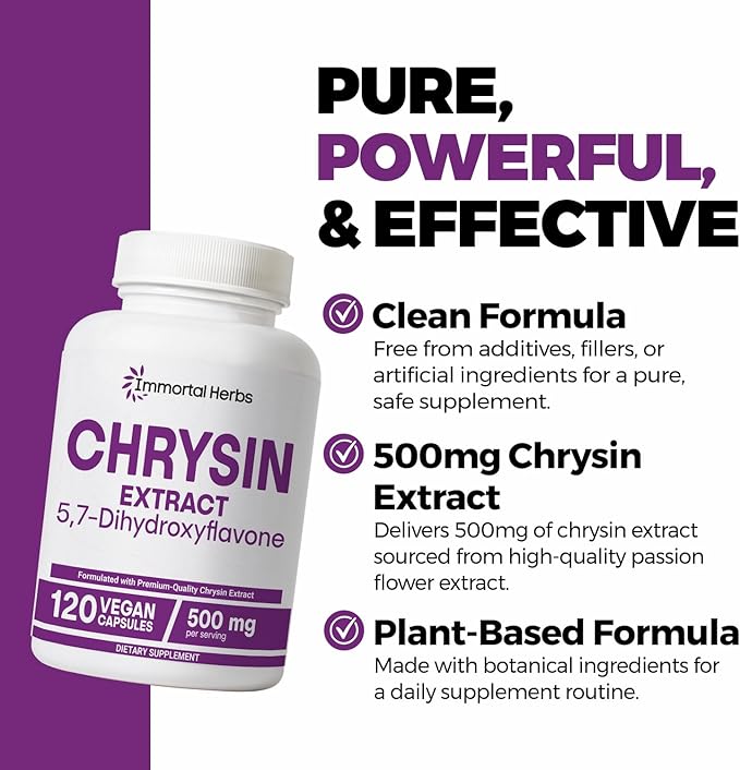 Chrysin Supplement 500mg, 120 Pills, Passion Flower Extract Powder, 5,7-Dihydroxyflavone, Non-GMO and Gluten-Free Chrysin Supplement for Men and Women