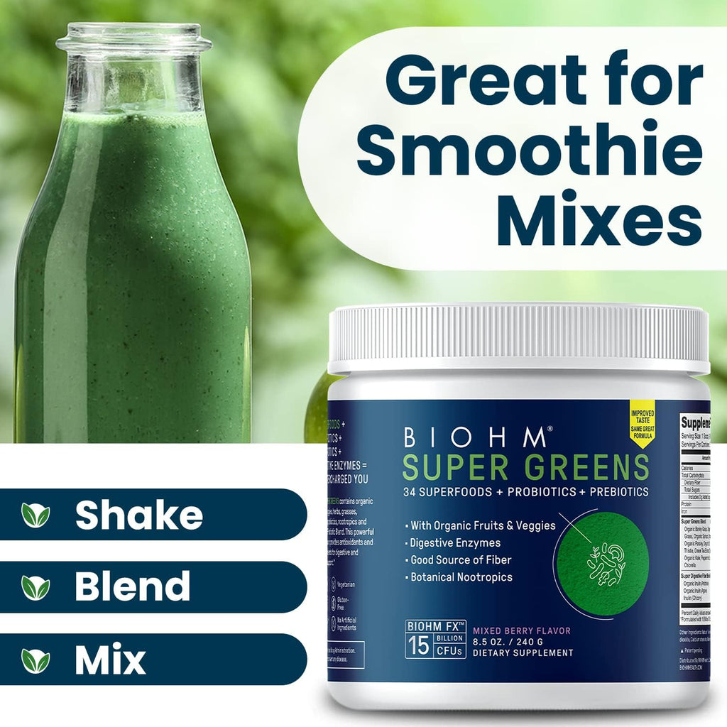 BIOHM Super Greens, Green Superfood Powder (8.5 Oz, 30 Servings) Antioxidant Veggie Powder & Smoothie Mix, 34 Superfoods & Spirulina, Digestive Enzymes, Prebiotics and Probiotics, Mixed Berry Flavor