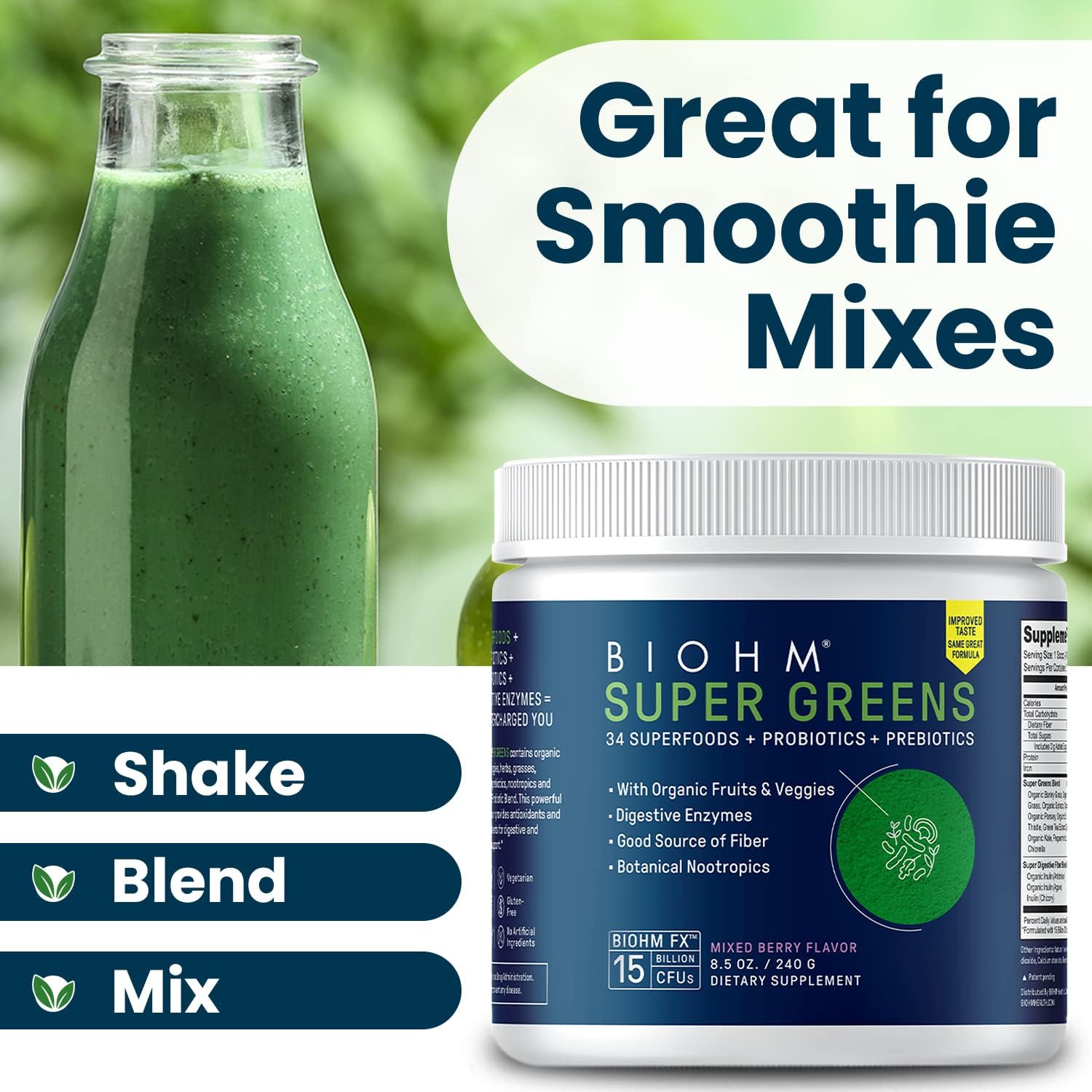 BIOHM Super Greens, Green Superfood Powder (8.5 Oz, 30 Servings) Antioxidant Veggie Powder & Smoothie Mix, 34 Superfoods & Spirulina, Digestive Enzymes, Prebiotics and Probiotics, Mixed Berry Flavor