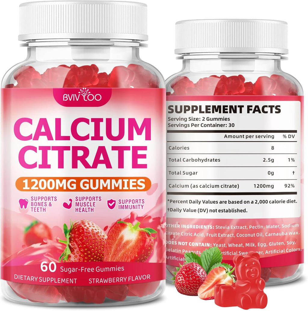 High Absorption Calcium Citrate Gummies 1200mg - Bone & Teeth Support for Adults & Kids, Vegan Sugar-Free Gummies, Strawberry Flavor, 60 Count