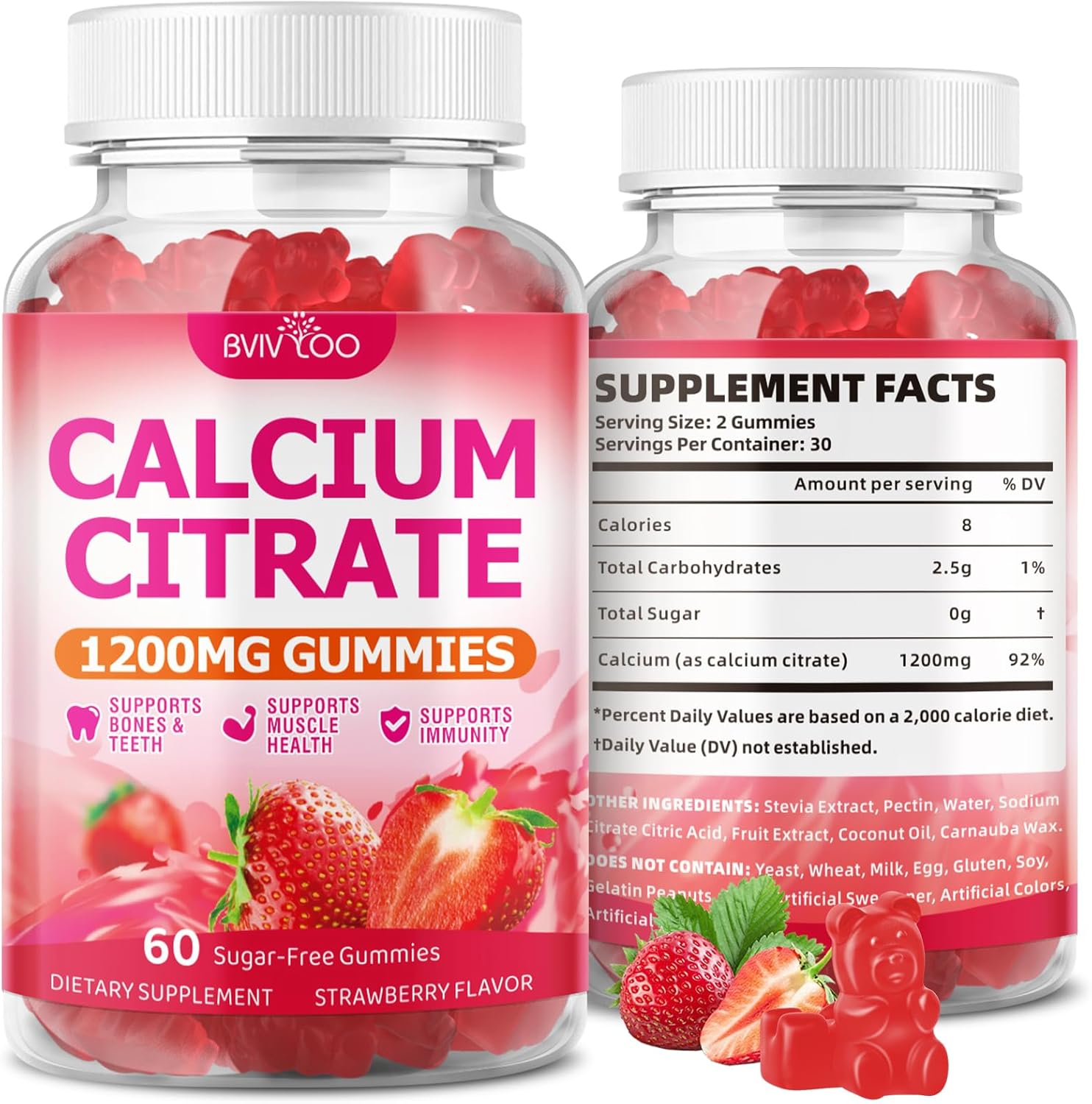 High Absorption Calcium Citrate Gummies 1200mg - Bone & Teeth Support for Adults & Kids, Vegan Sugar-Free Gummies, Strawberry Flavor, 60 Count