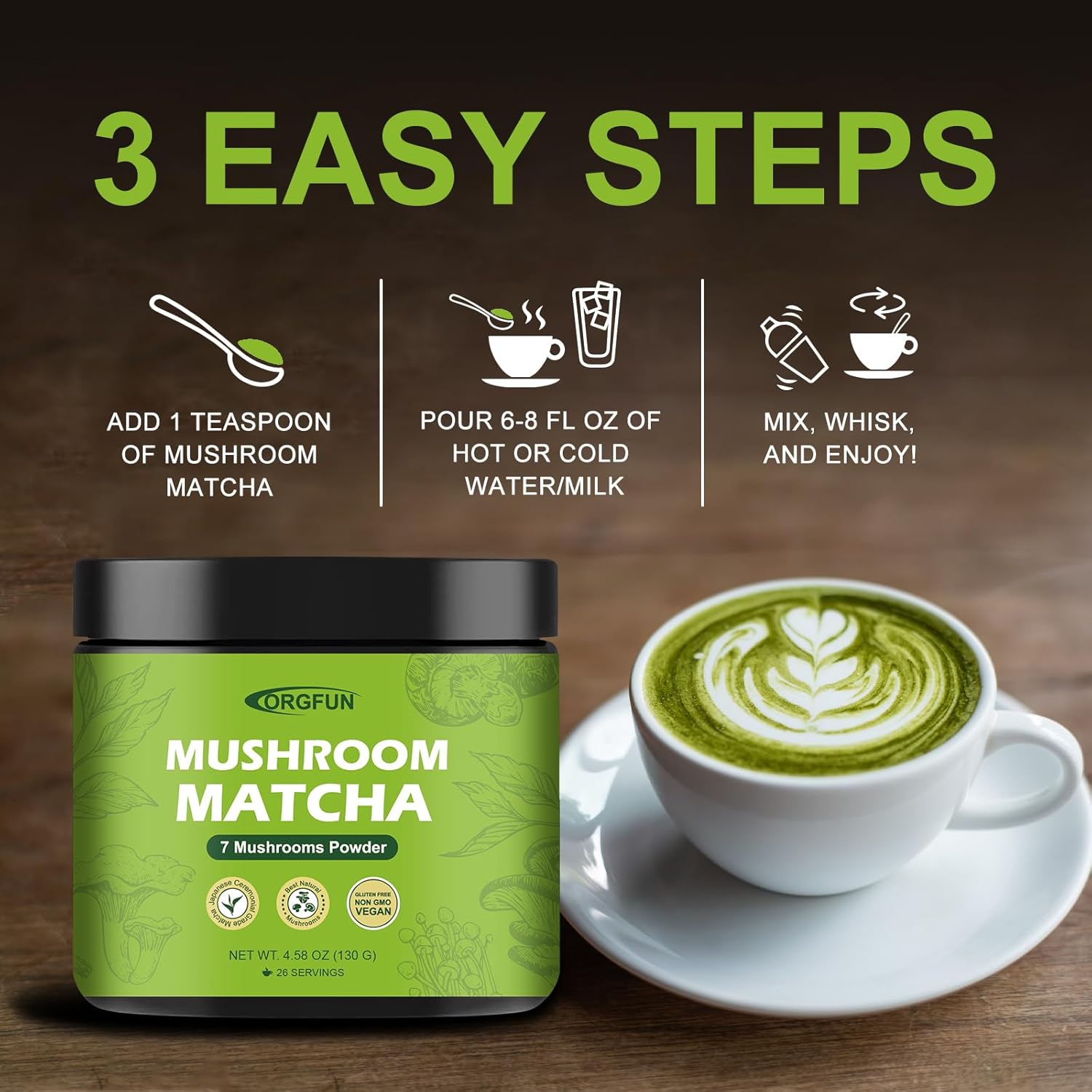 ORGFUN Mushroom Matcha, Japanese Ceremonial Matcha Infused With 7 Superfood Mushrooms, MCT Oil, Coconut Milk Powder, No Added Sugar, Non-GMO, Great Iced Matcha Latte 4.58 Oz