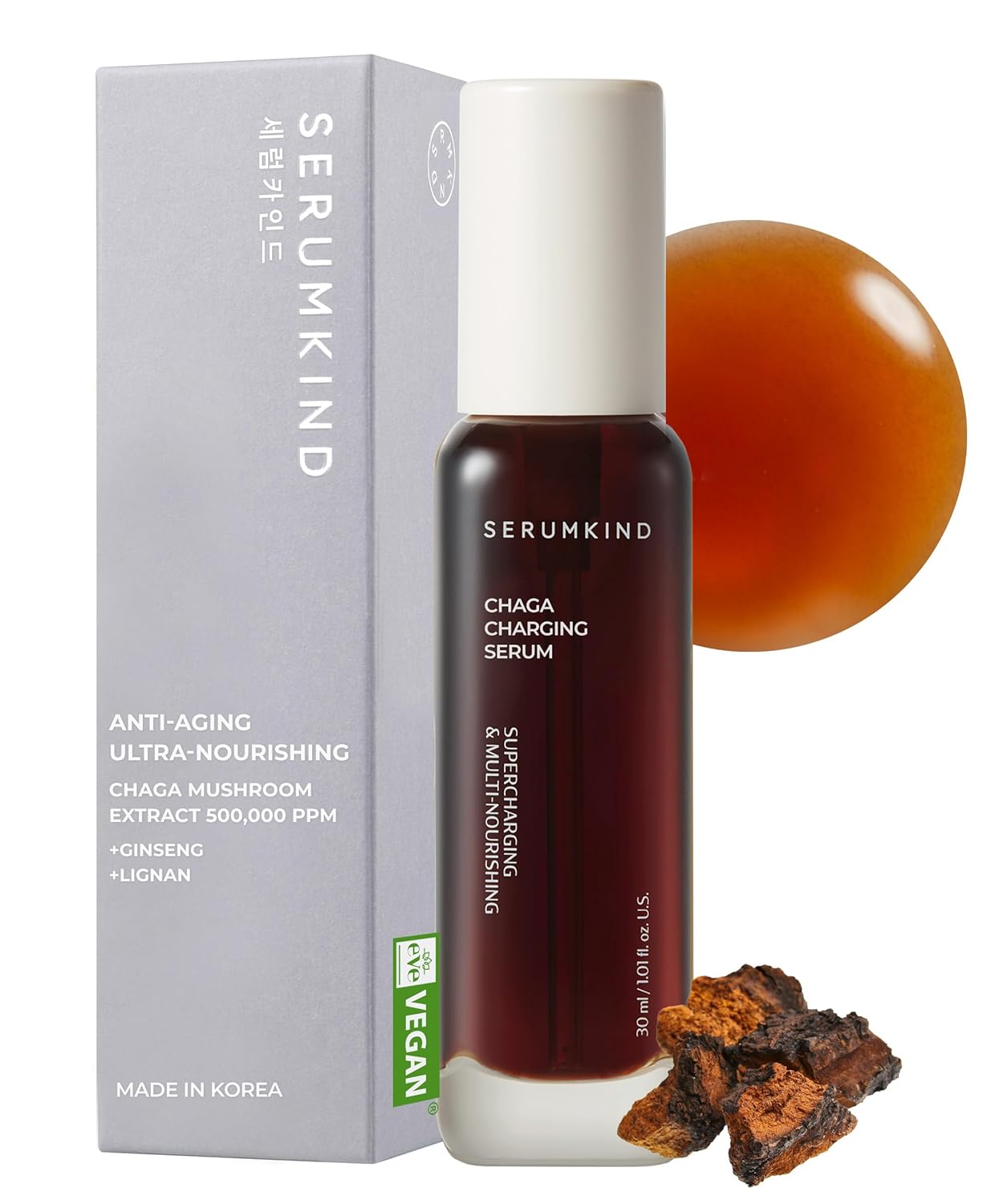 SERUMKIND Chaga Mushroom Serum for Face Korean Skincare - Beta Glucan Extract - Nourishing & Hydrating - Provides Deep Hydration for Extremely Dry Skin - Vegan & Cruelty-Free – 1.01 fl.oz.