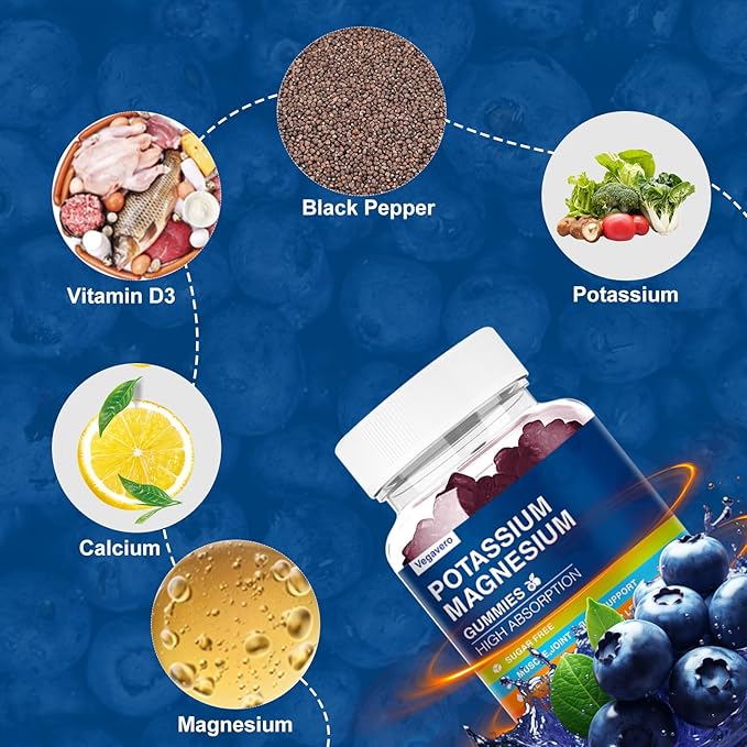 Magnesium Potassium Supplement Gummies - High Absorption Calm Magnesium Glycinate & Potassium Citrate Plus Coenzyme Q10, DHA, D3, Mineral & Calcium for Zzz, Leg Cramps & Muscle - 60 Blueberry Gummies