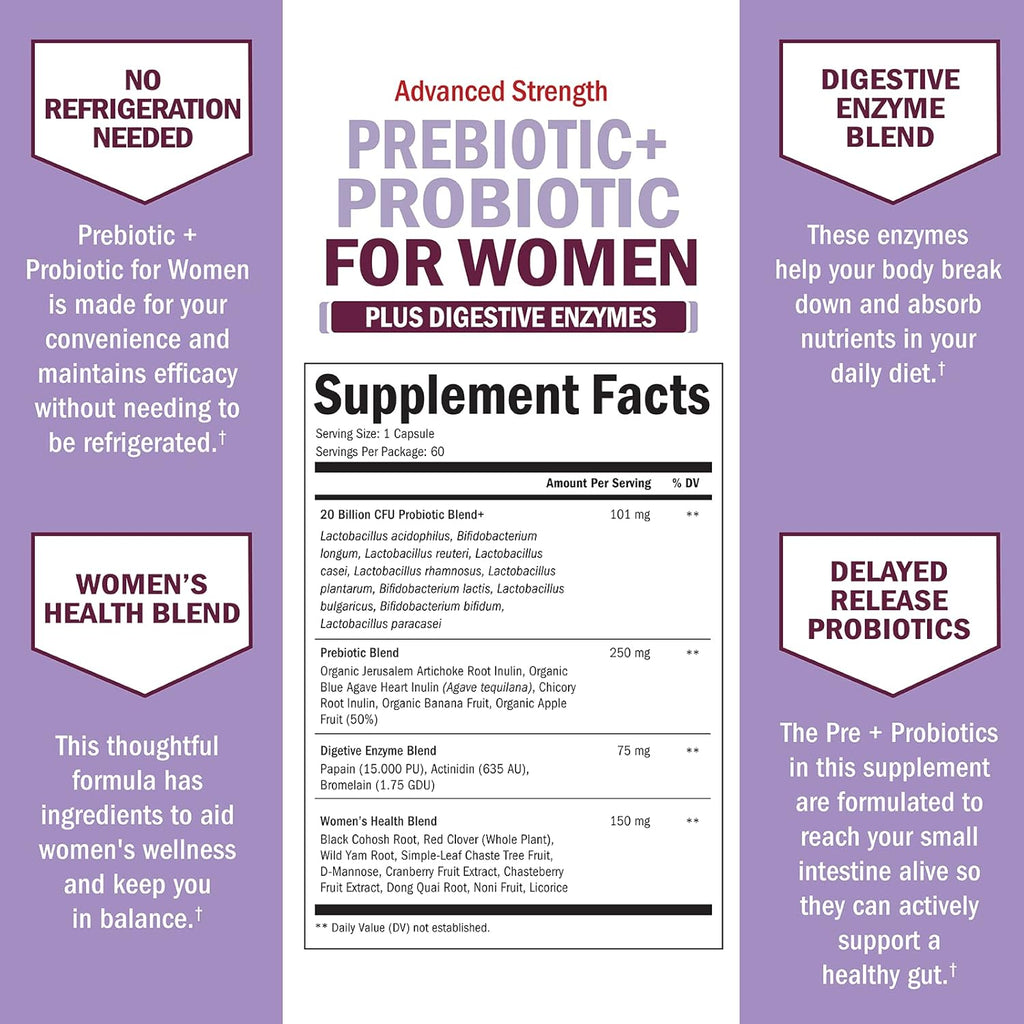 Prebiotics and Probiotics for Women - with Black Cohosh and Red Clover for Gut, Vaginal and Immune Health Support, Whole Food Digestive Enzymes Capsules, Lactobacillus Probiotic Supplement, 60 Count