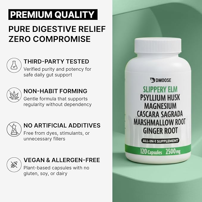 16 in 1 Slippery Elm Bark for Women & Men - Digestive Health & Leaky Gut Wellness Supplement - Probiotic, Psyllium Husk, Cascara, Magnesium & Marshmallow Root Complex - DGL Licorice Extract Capsules