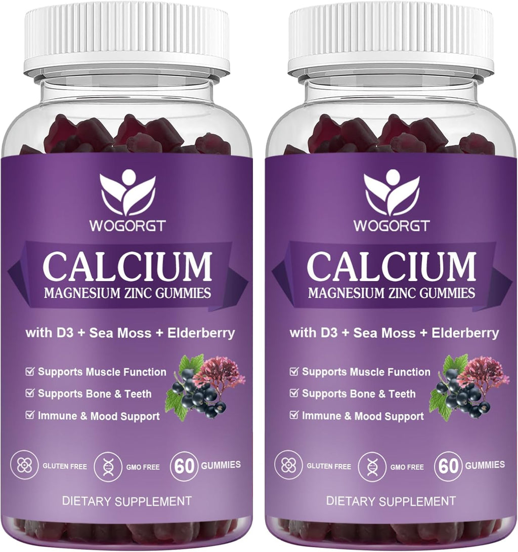Calcium Magnesium Zinc Gummies with Vitamin D3 - High Absorption Complex Calcium Supplement with Sea Moss, Elderberry for Bone, Muscles, Immune, Mood & Sleep Support, Vegan - 60 Gummies (2 Pack)