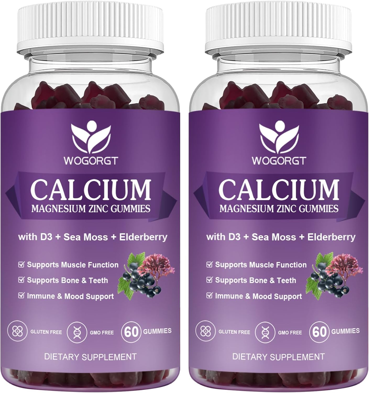 Calcium Magnesium Zinc Gummies with Vitamin D3 - High Absorption Complex Calcium Supplement with Sea Moss, Elderberry for Bone, Muscles, Immune, Mood & Sleep Support, Vegan - 60 Gummies (2 Pack)