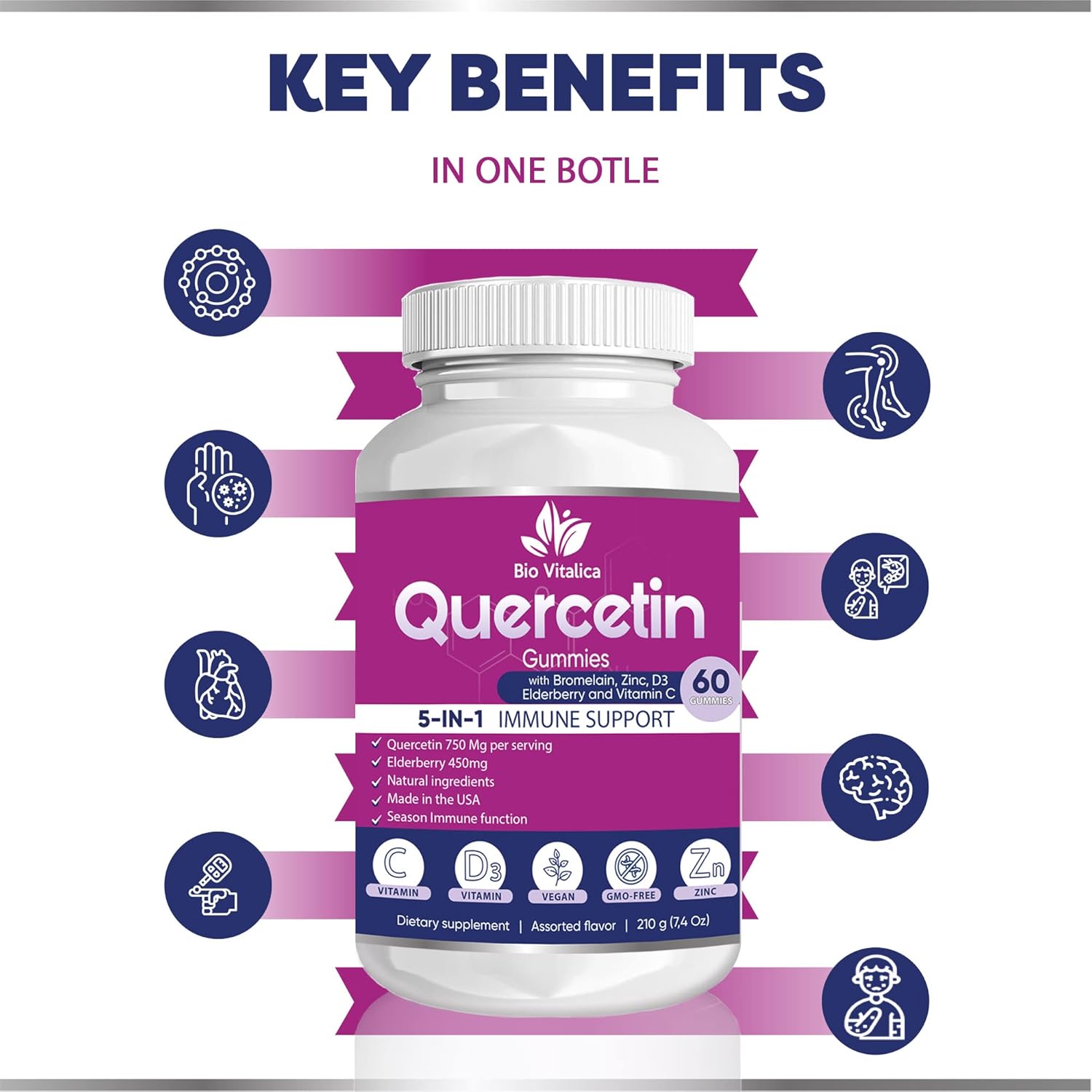 Quercetin Gummies by BioVitalica - Quercetin with Bromelain Vitamin C and Zinc & Elderberry + Vitamin D3-5 in 1 Immune Support - Zinc Quercetin 750 mg for Kids and Adult (6, Quercetin)