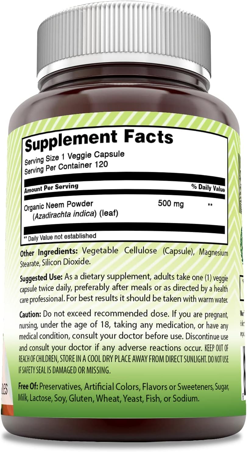 Amazing India Neem (Made with Natural Neem Leaf) Supplement | 500 Mg | 120 Veggie Capsules | Non-GMO | Gluten-Free | Made in USA
