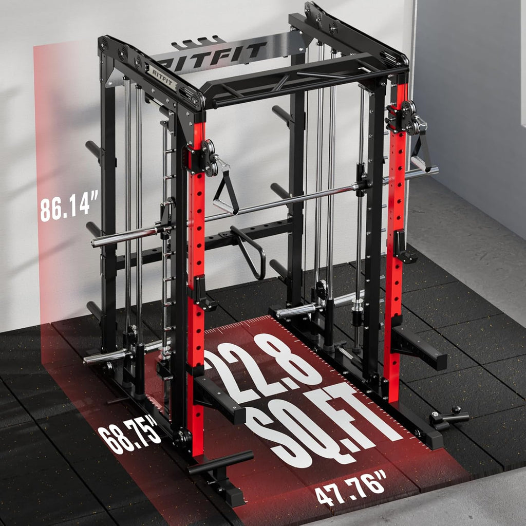 RitFit M2 PRO-3D Smith Machine with Weight Stack, 3D Functional Trainer & Power Cage, 308.6lbs Stack, 16 Adjustment Holes, 6 Storage Pegs for Full-Body Home Gym