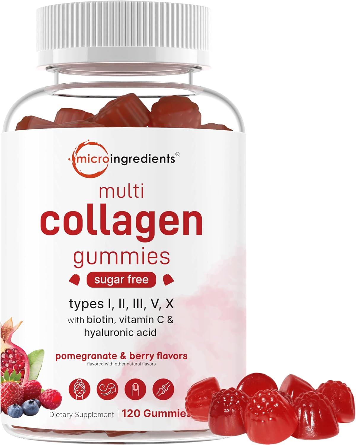 Micro Ingredients Multi Collagen Peptides, 120 Collagen Gummies | Type I,II,III,V,X Protein with Biotin, Hyaluronic Acid, & Vitamin C Complex | Pomegranate & Berry Flavored | Sugar Free, Non-GMO