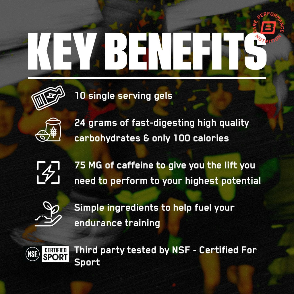 BARE PERFORMANCE NUTRITION, BPN Go Gel Endurance, 24g of Carbohydrates & 100 Calories per Pack, Vegan + Gluten Free Running Gel, 10 Single-Serving Packs, Caffeinated Mixed Berry