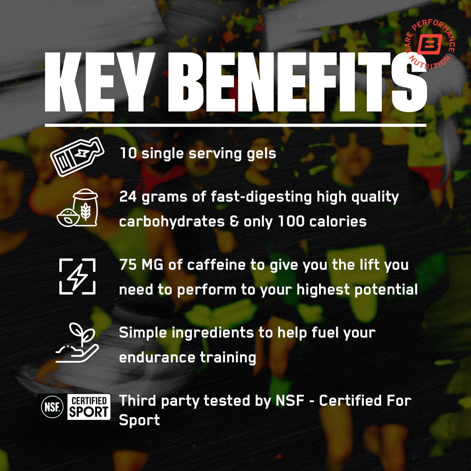 BARE PERFORMANCE NUTRITION, BPN Go Gel Endurance, 24g of Carbohydrates & 100 Calories per Pack, Vegan + Gluten Free Running Gel, 10 Single-Serving Packs, Caffeinated Mixed Berry
