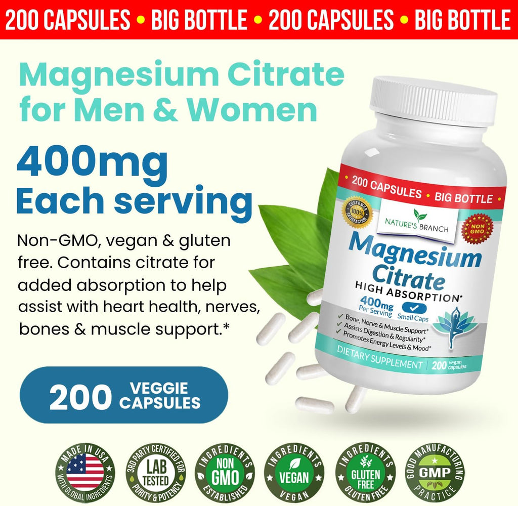 Magnesium Citrate 400mg - 200 Capsules - High Potency for Sleep, Leg Cramps, Extra Strength Absorption, Easy to Swallow Pills for Women & Men, Vegan Supplement Not Tablets - Made in USA
