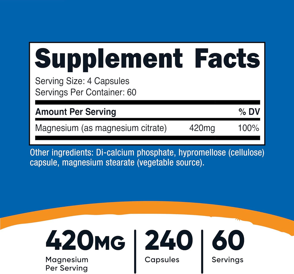 Nutricost Magnesium Citrate 420mg, 240 Veggie Capsules - 60 Servings, Gluten Free, Non-GMO, Vegetarian Friendly