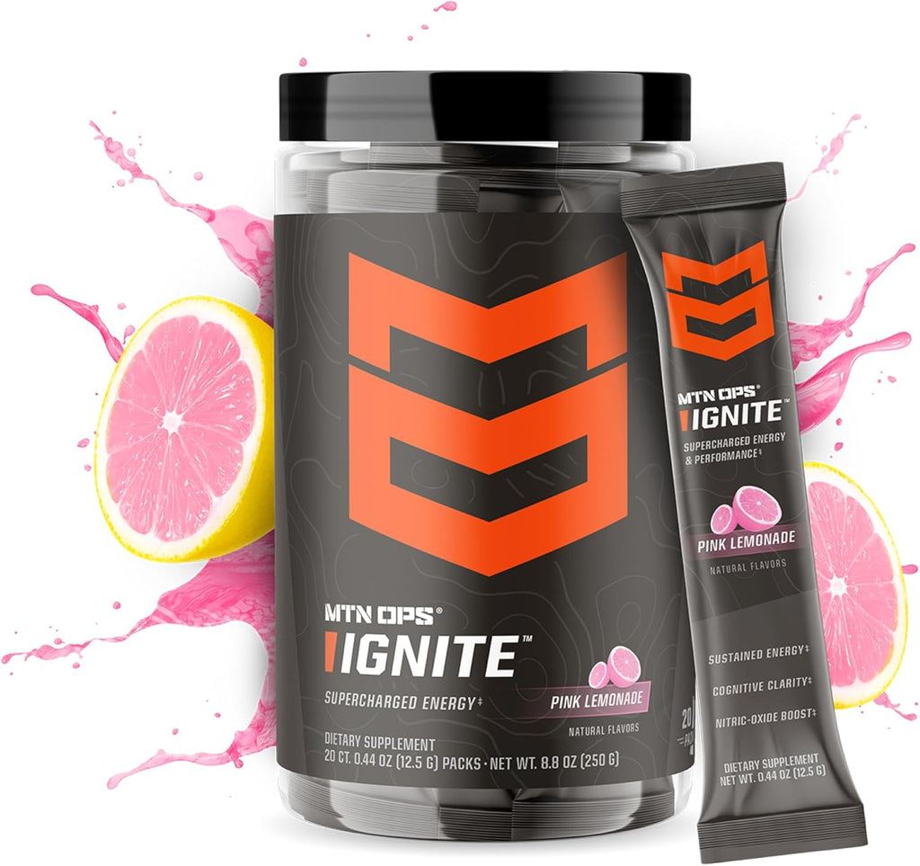 MTN OPS Ignite Trail Packs Energy Drink Powder, Gluten Free Nootropic Supplement Drink Mix, L Arginine, L Citrulline, Caffeine & Nootropic Sugar Free Drink Mix, 20 Servings, Pink Lemonade
