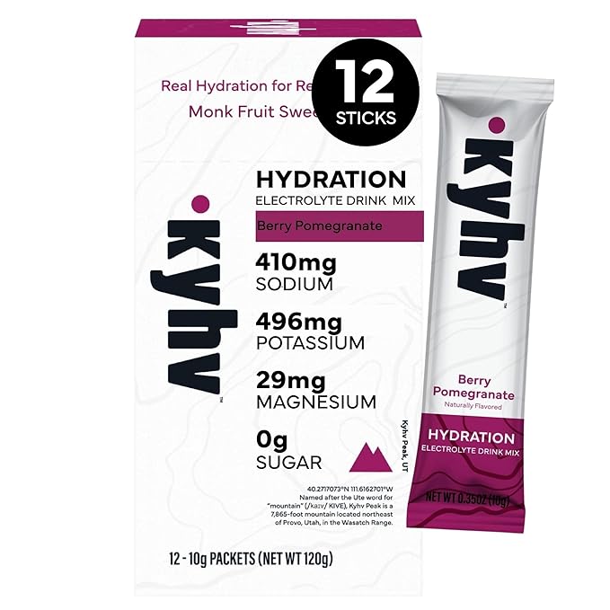 Kyhv Nutrition Hydration Electrolyte Drink Mix Powder Packets - Berry Pomegranate - Balanced Sodium, Potassium, Magnesium & Vitamin C, Zero Sugar, Monk Fruit Sweetener (12 Sticks)