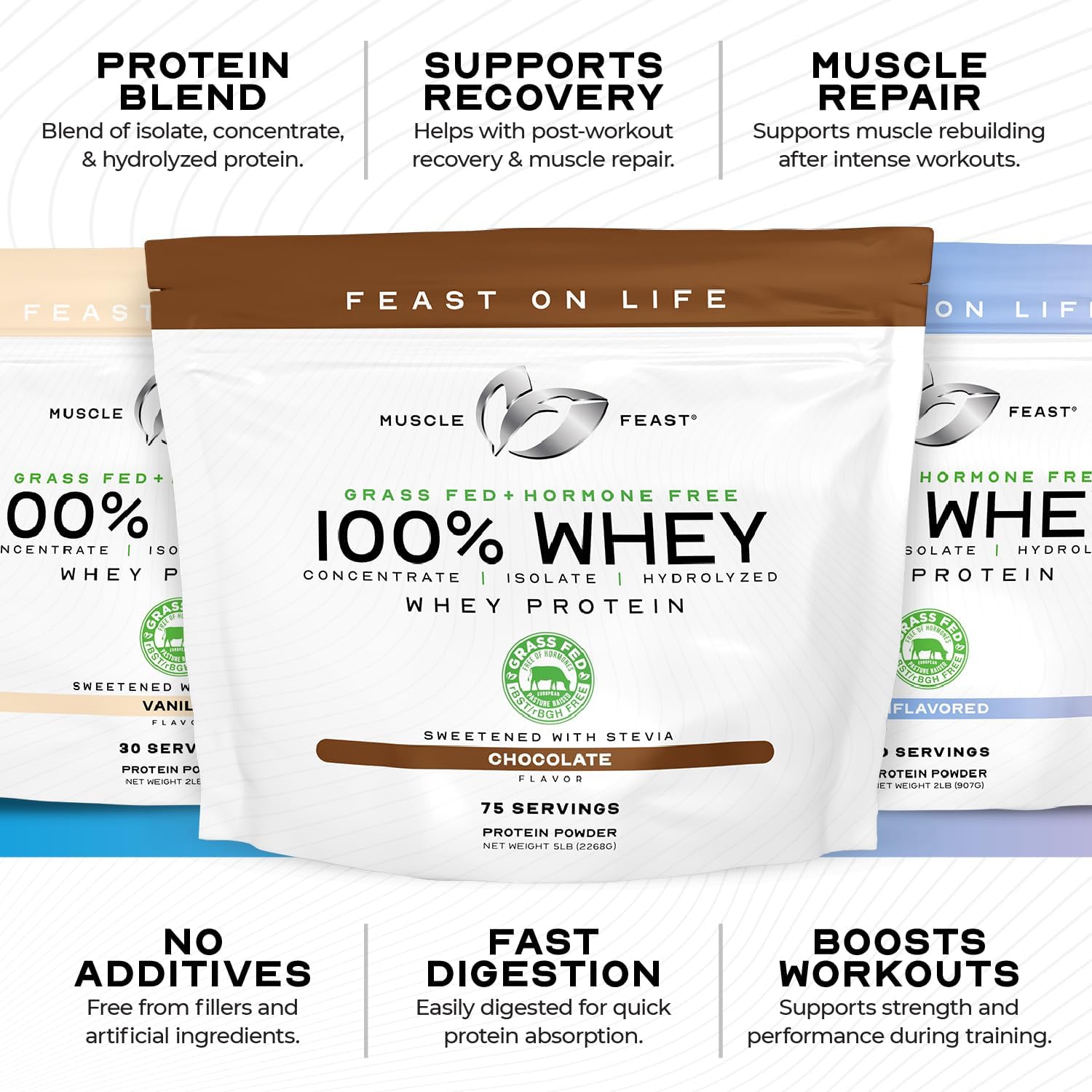 Muscle Feast 100% Grass Fed Whey Protein Powder, All Natural Hormone Free Paure Raised Whey Protein Powder for Women & Men- Whey Concentrate, Isolate & Hydrolyzed Protein Powder Blend - Chocolate, 2lb