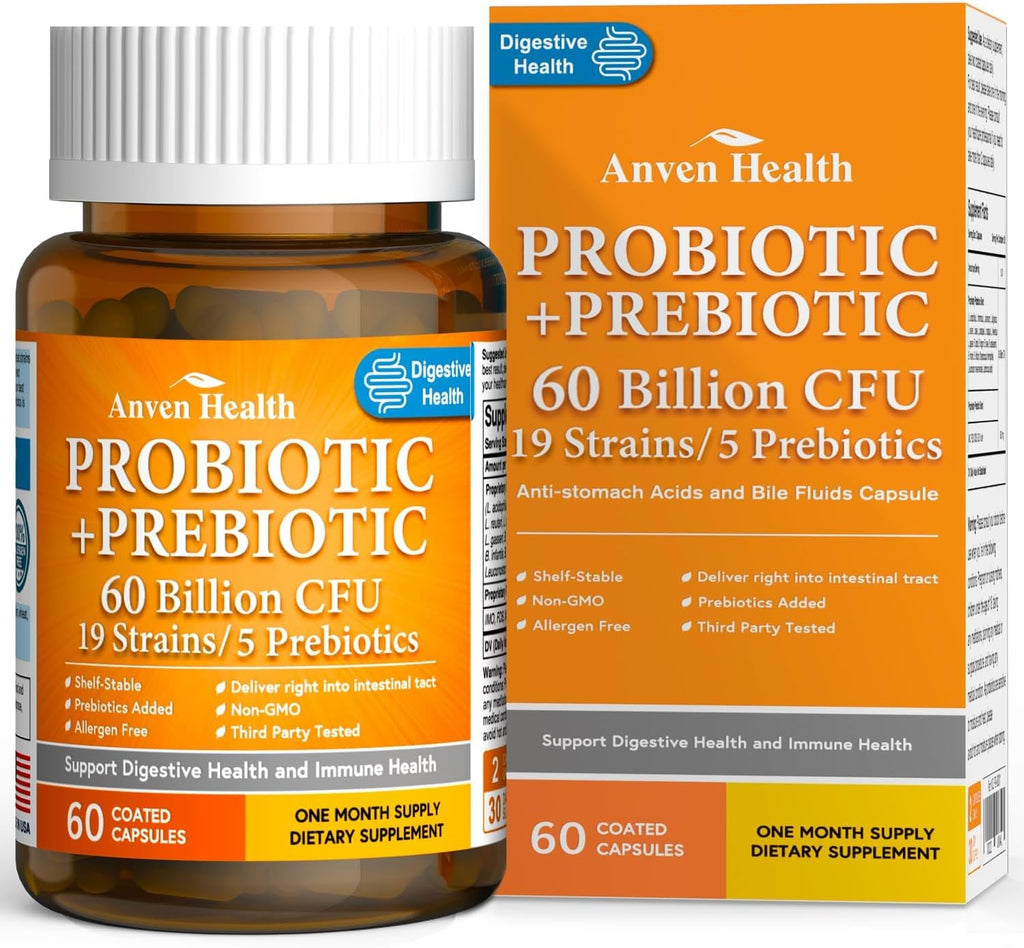 60 Billion Probiotics for Women and Men 19 Strains 5 Organic Prebiotics for Gut Digestive & Immune Health, Supports Diarrhea Gas Bloating, Non-GMO, Zero Fillers – Made in USA丨60 Caps