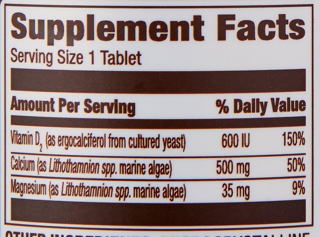 Amazon Elements Calcium plus Vitamin D, Calcium 500mg with D2 600IU, Vegan, 65 Tablets (2 month supply) (Packaging may vary), Supports Strong Bones and Immune Health