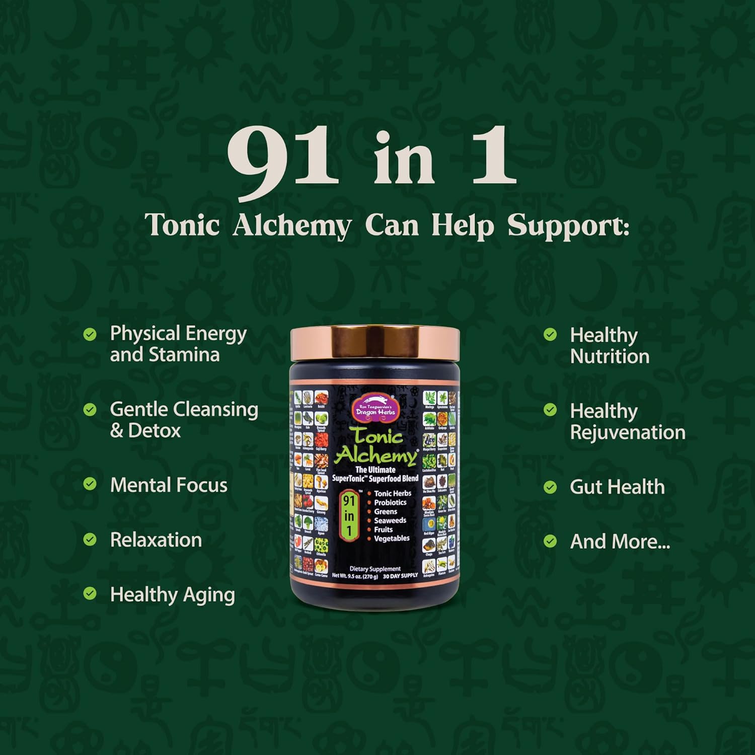Dragon Herbs Tonic Alchemy Superfood Greens Powder with 91 Ingredients: Tonic Herbs, Ashwagandha, Mushrooms, Probiotics, Super Greens, Seaweeds, Fruits, Vegetables, Spirulina - 30 Servings