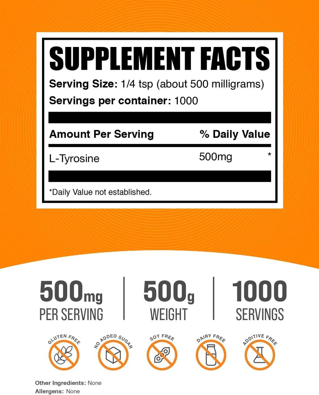 BulkSupplements.com L-Tyrosine Powder - Sports Nutrition, Amino Acid Supplement - Unflavored & Gluten Free, 500mg per Serving, 500g (1.1 lbs) (Pack of 1)