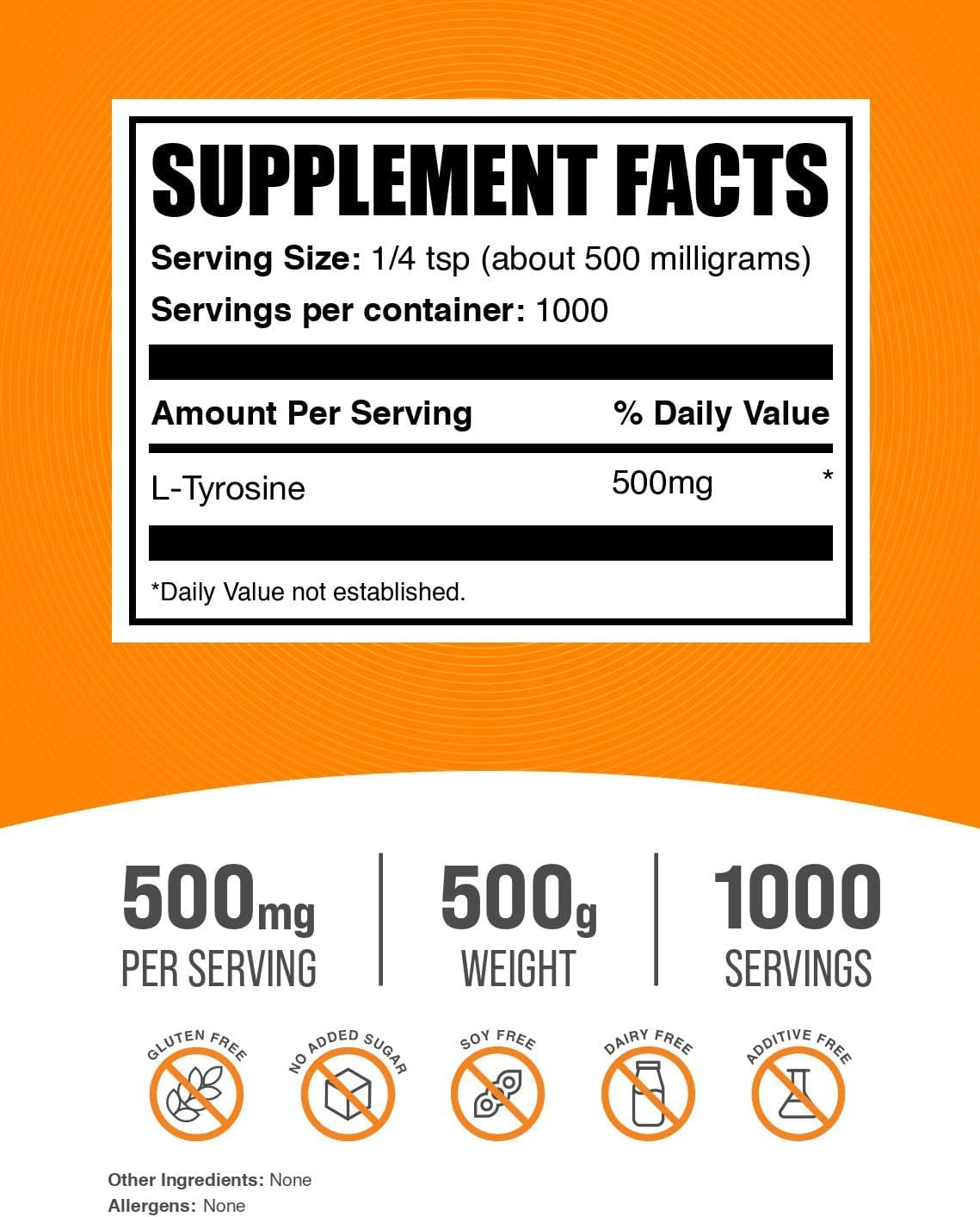 BulkSupplements.com L-Tyrosine Powder - Sports Nutrition, Amino Acid Supplement - Unflavored & Gluten Free, 500mg per Serving, 500g (1.1 lbs) (Pack of 1)