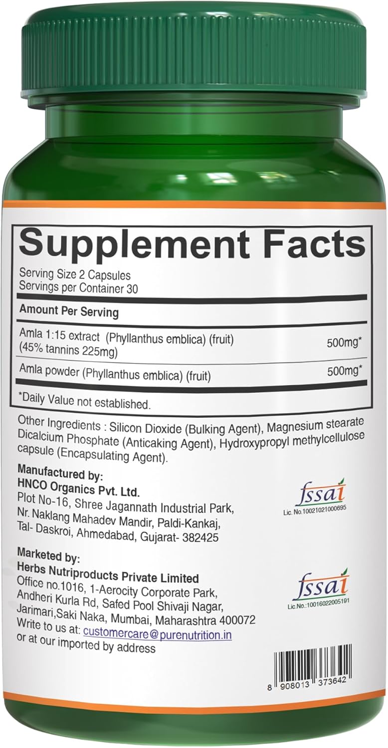 Pure Nutrition Amla Extract 1000mg per Serving. (Equivalent to 8000mg Amla Fruit Powder) Non GMO | 60 Veg Capsules
