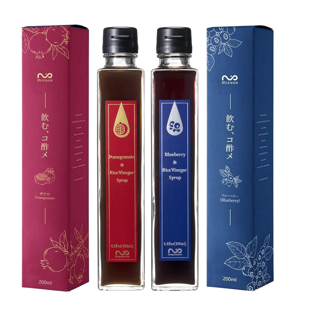 [Micoas] Pomegranate & Rice Vinegar Syrup, Blueberry & Rice Vinegar Syrup, Drinking Vinegar, Shrub, For Gift, Alternative to Alcohol Drink, With Kombucha , Gluten Free , Made in Japan, 200ml (6.8 oz), 2 Pack