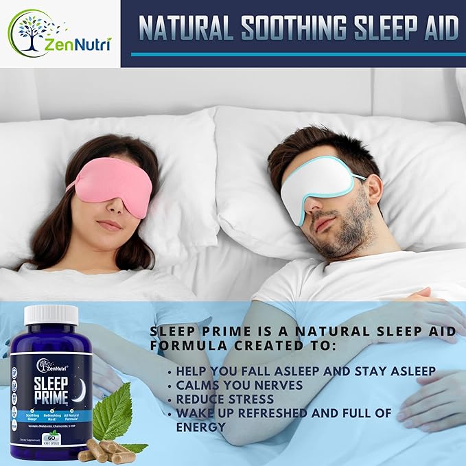 Sleep Prime Vegan Natural Sleep Aid for Adult Extra Strength - Deep Sleep Supplement - Herbal Sleeping Pill - Stress Relief - Melatonin, GABA - 60 Veggie caps