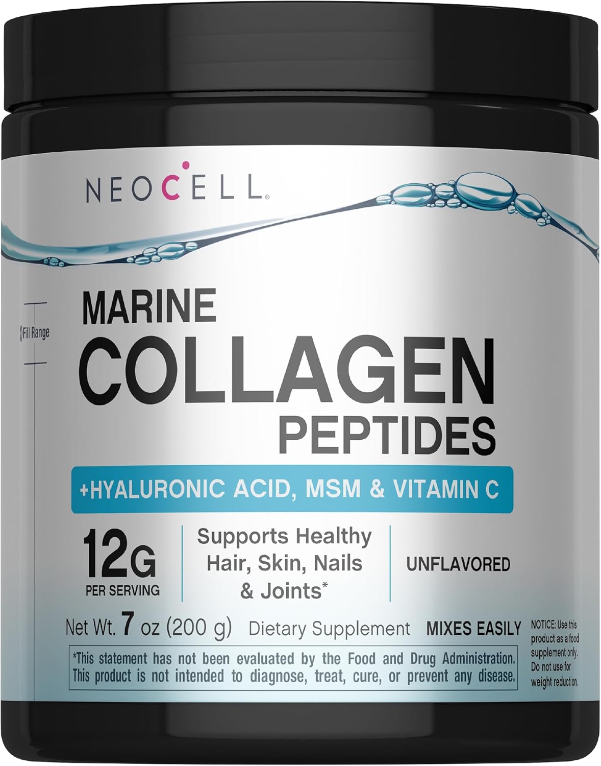 Neocell Marine Collagen with Hyaluronic Acid, MSM and Vitamin C, Keto Collagen Supplements, for Skin Care and Joint Health, Unflavored, Powder, 7 oz, 1 Canister