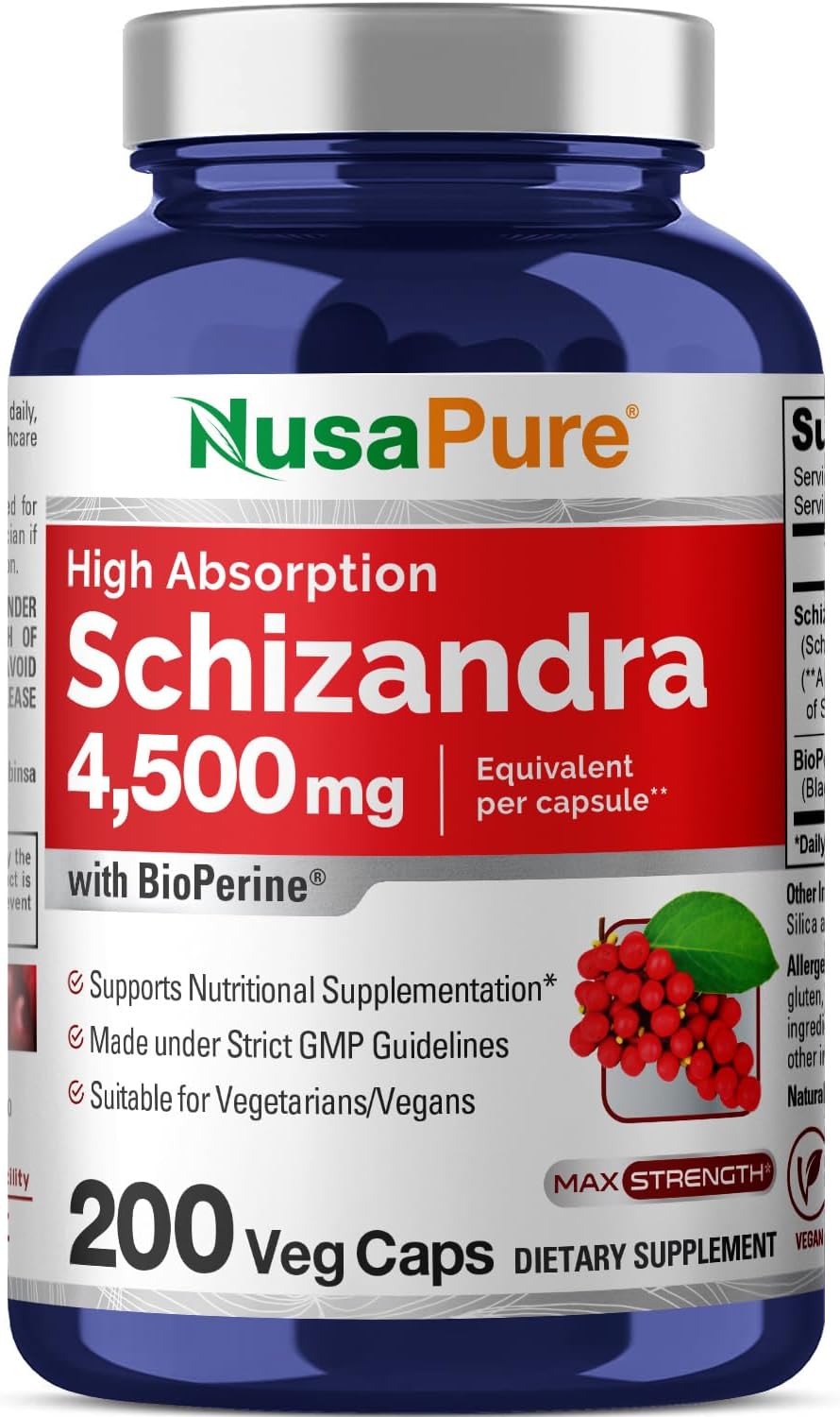 NusaPure Schizandra Berries 20:1 Extract, 225 mg Equivalent to 4500mg, 200 Vegan Capsules (Non-GMO, Bioperine)