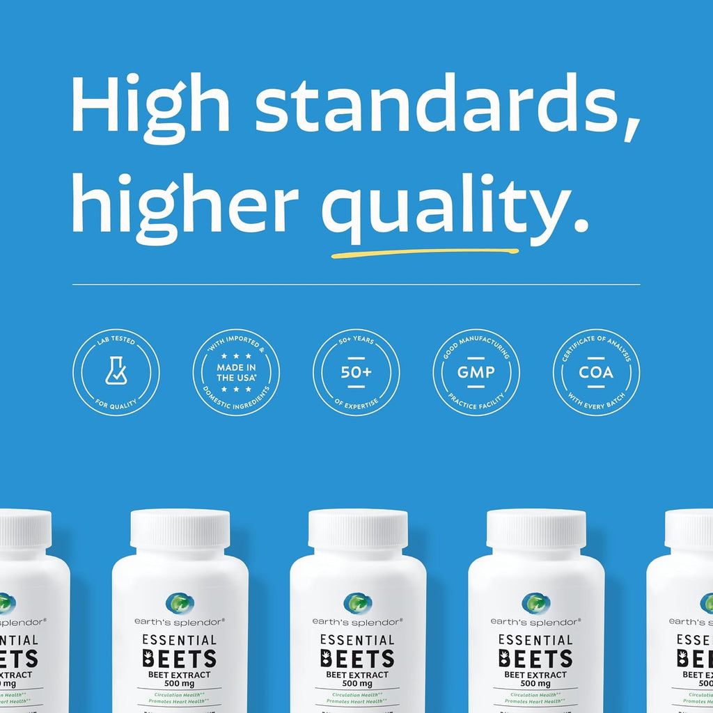 Earth's Splendor Essential Beets Supplement - Premium Beet Root Extract for Heart Health, Enhances Athletic Performance, 2-Month Supply, Vegan & Allergen-Free
