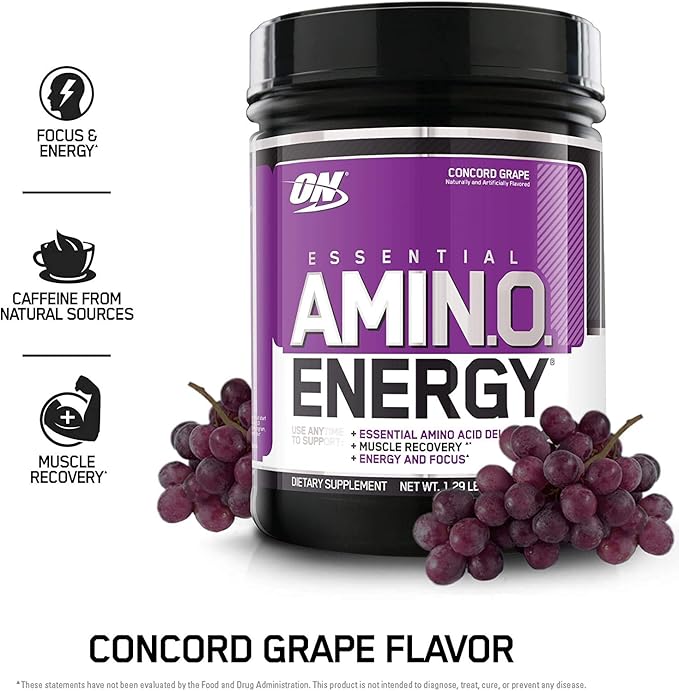 Optimum Nutrition Amino Energy Powder: Concord Grape (65 Servings) with Essential Amino Energy Plus Electrolyes Sparkling Drink: Grape (12 Cans) - Bundle Pack