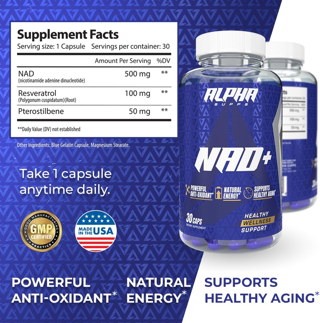 NAD+ Resveratrol Supplement - Advanced NAD Plus Antioxidant Formula - Supports Cellular Vitality, Healthy Aging, Energy & Longevity - Ideal for Men & Women - 30 Capsules