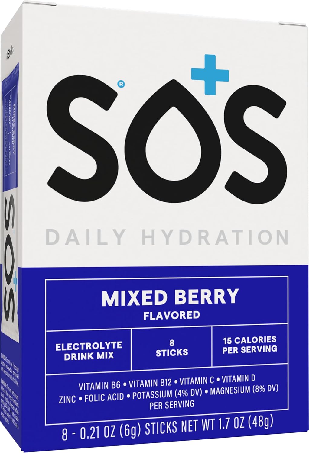 SOS Hydration Electrolyte Powder 8 Stick Packs – Low-Calorie, Rapid Rehydration, Made in USA, Keto (8 Servings, Mixed Berry)