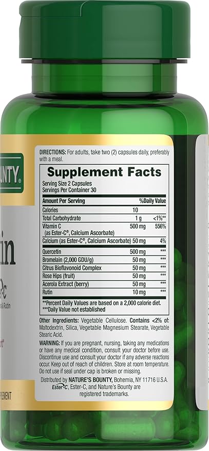 Nature's Bounty Quercetin, Immune Support, 500mg, with Vitamin C, Rose Hips, & Rutin, 60 Count (Pack of 2)