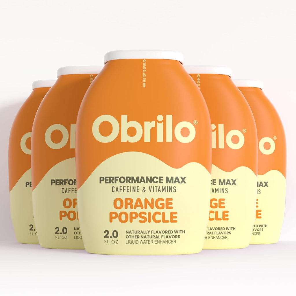 Obrilo Performance Energy Dye Free Water Enhancer - L-Theanine + Taurine + Vitamin Complex + Ginseng + Guarana Seed, 2.0 Fl. Oz. x 5 Bottles (Orange Popsicle)