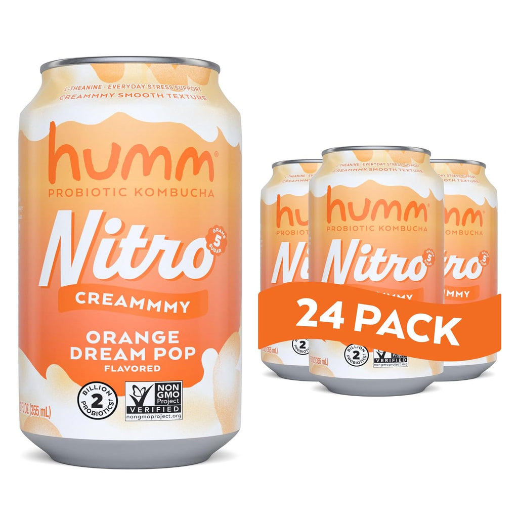 Humm Nitro Kombucha Orange Dream Pop, Creamy Smooth Probiotic Drink with L-Theanine, Non-GMO, Vegan, Gluten Free, 12 fl oz (Pack of 24)
