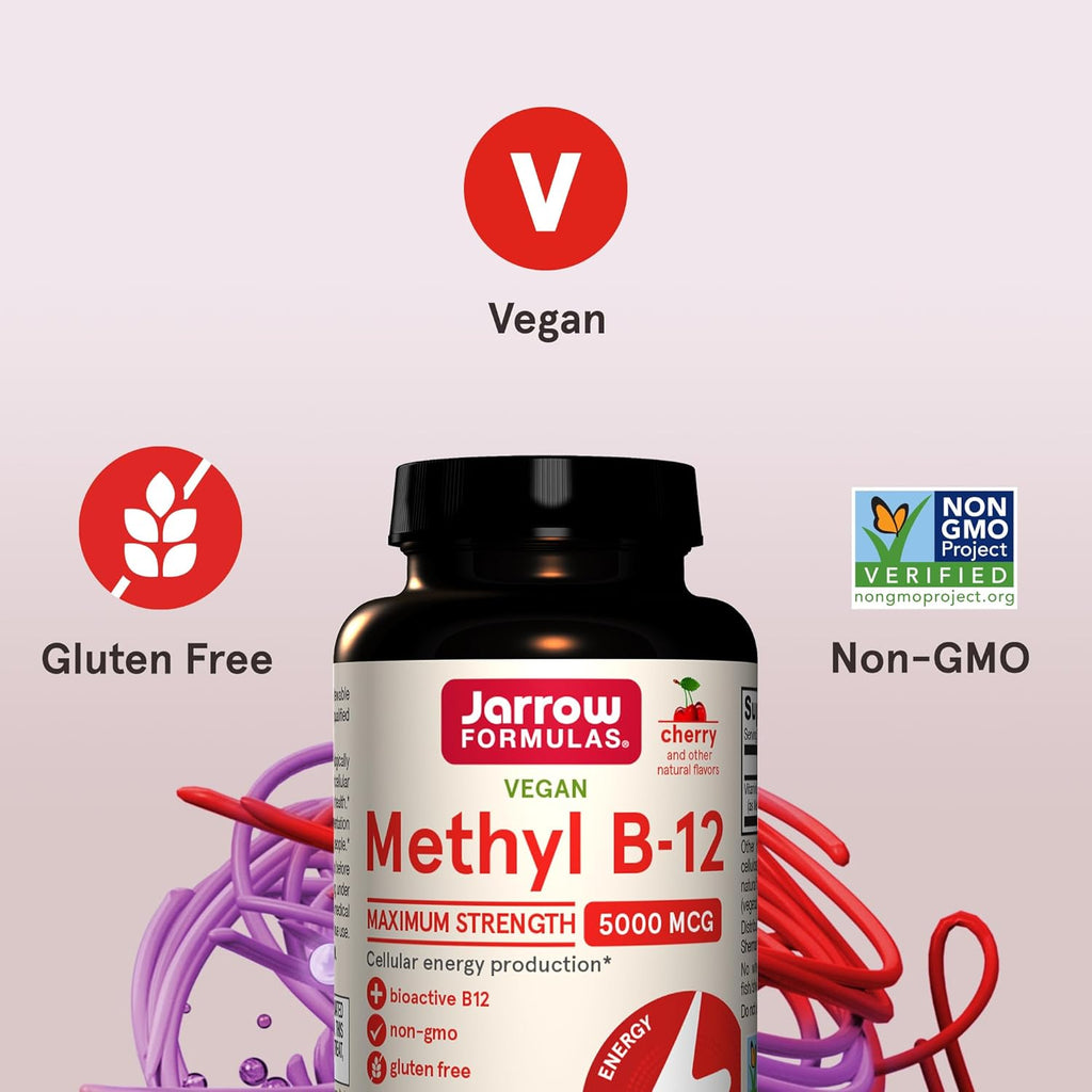 Jarrow Formulas Vitamin B12 5000 mcg - Maximum Strength for Cellular Energy and Brain Health, 60 Cherry Chewable Tablets, B12 Vitamins 5000 mcg