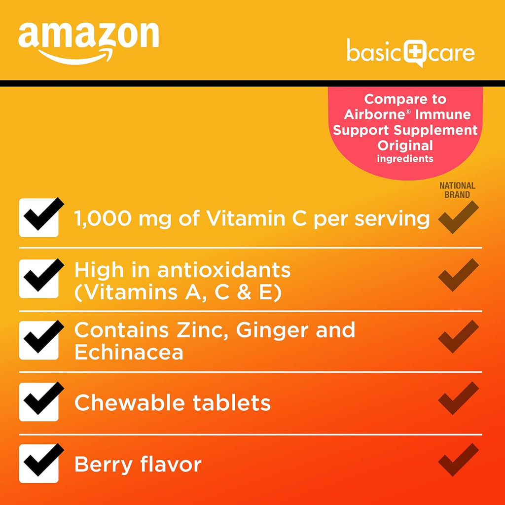 Amazon Basic Care - Immune Support Supplement, Berry Chew Tablets, excellent source of the body-essential sunshine Vitamin D, 32 Count