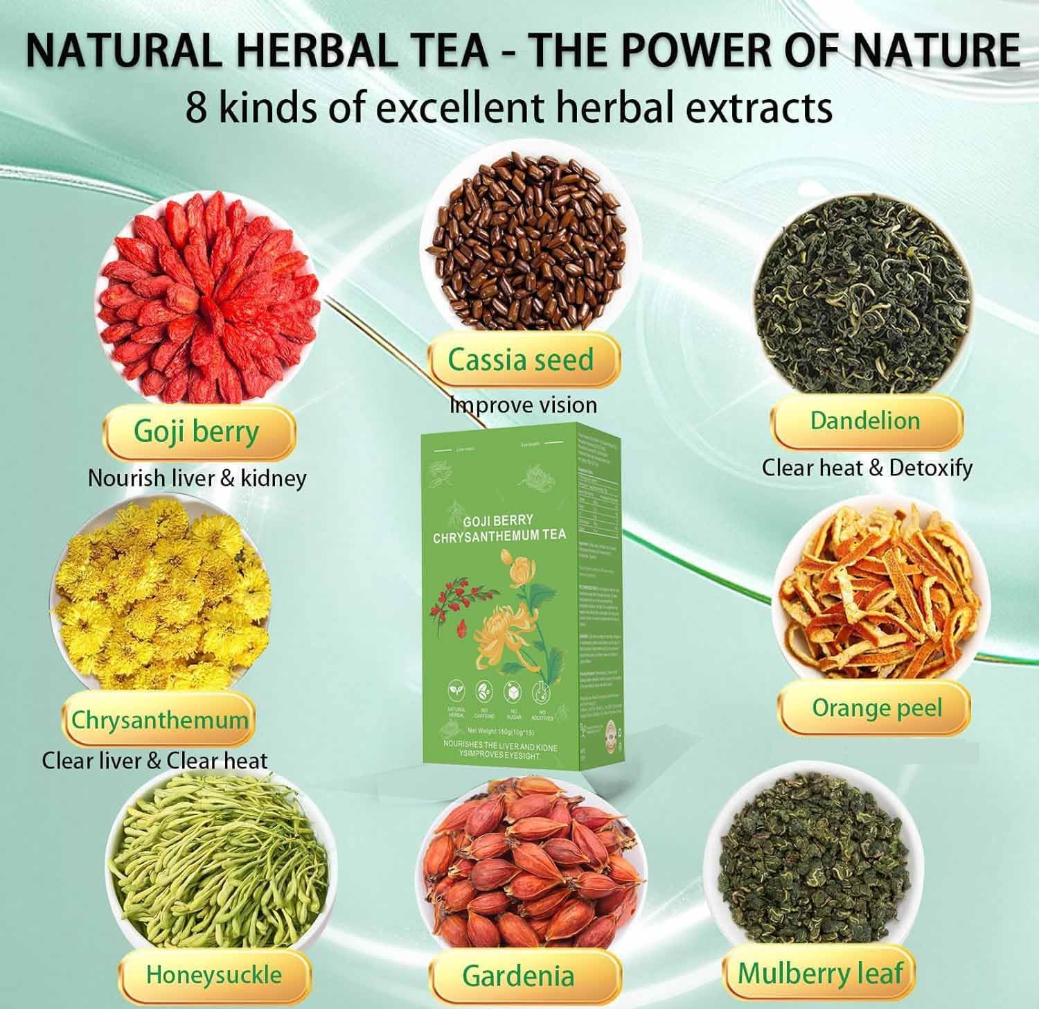 Goji Berry Chrysanthemum Tea, Kidney & Liver Detox Tea, Dandelion Wolfberry Chinese Chrysanthemunn Cassia Seed Tea Bags with Eight Herbal Ingredients (2Box/30 Bags)