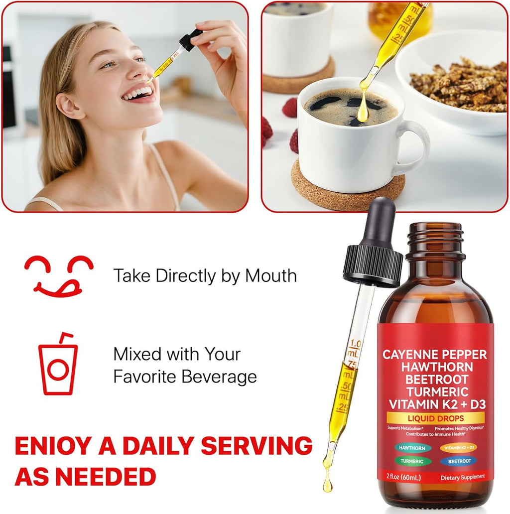 Cayenne Pepper Drops, Cayenne Pepper Supplement Liquid Drops, Cayenne Peppers Extract, Hawthorn Beet Root Turmeric Curcumin, Vitamin K2 & D3, Gentle Formula, Vegan-Friendly, Easily Absorbed